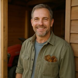 Jeff Mercer, the homeowner mechanic behind GardenTooly, outside his garden shed