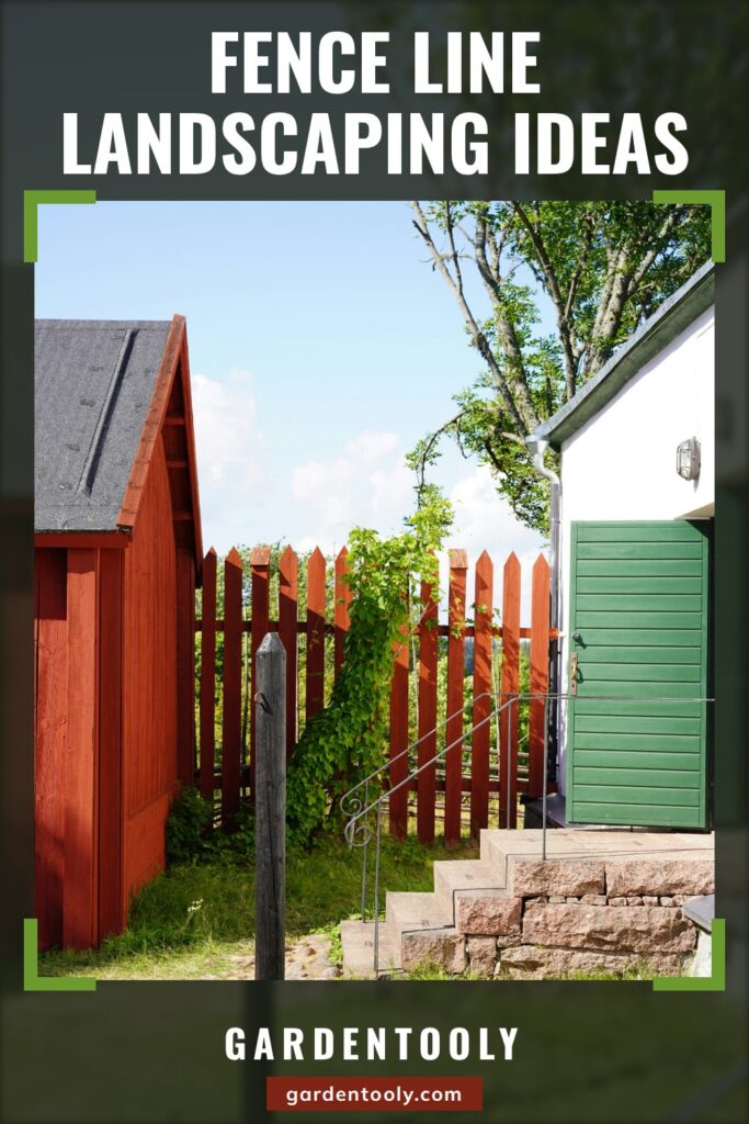 Fence Line Landscaping Ideas: A red picket fence between a red shed and a white house, with lawn running up to it and a vine growing on the pickets