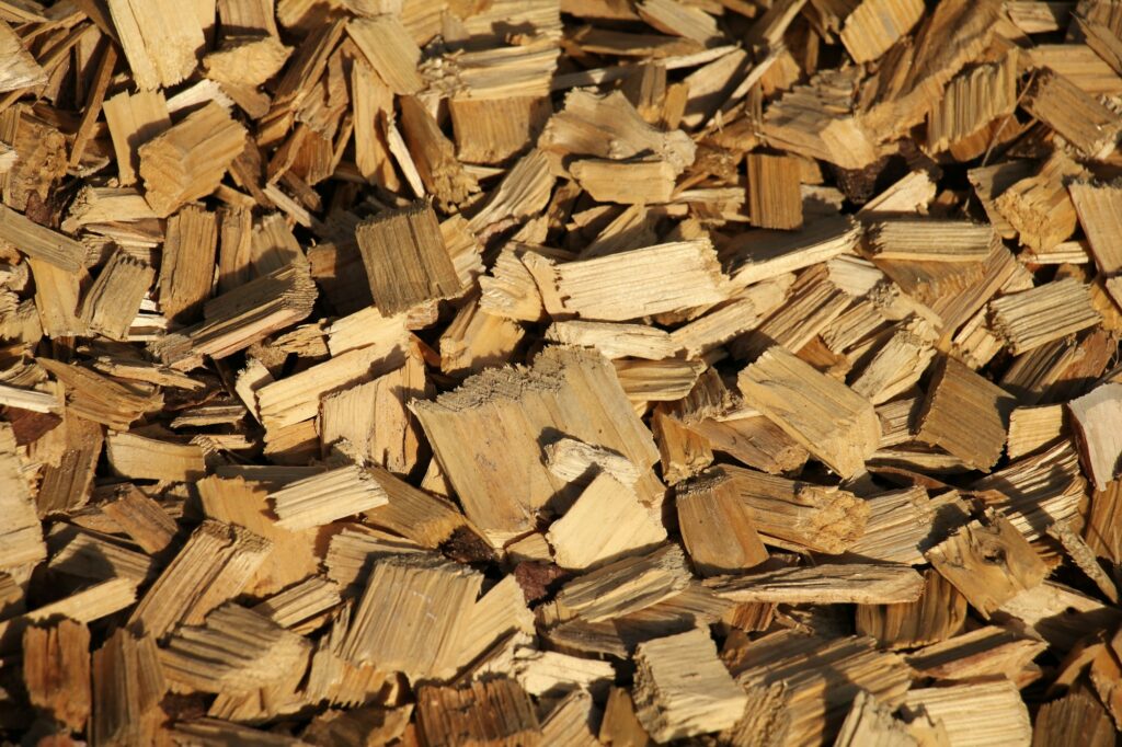 A close-up of fresh wood chip mulch