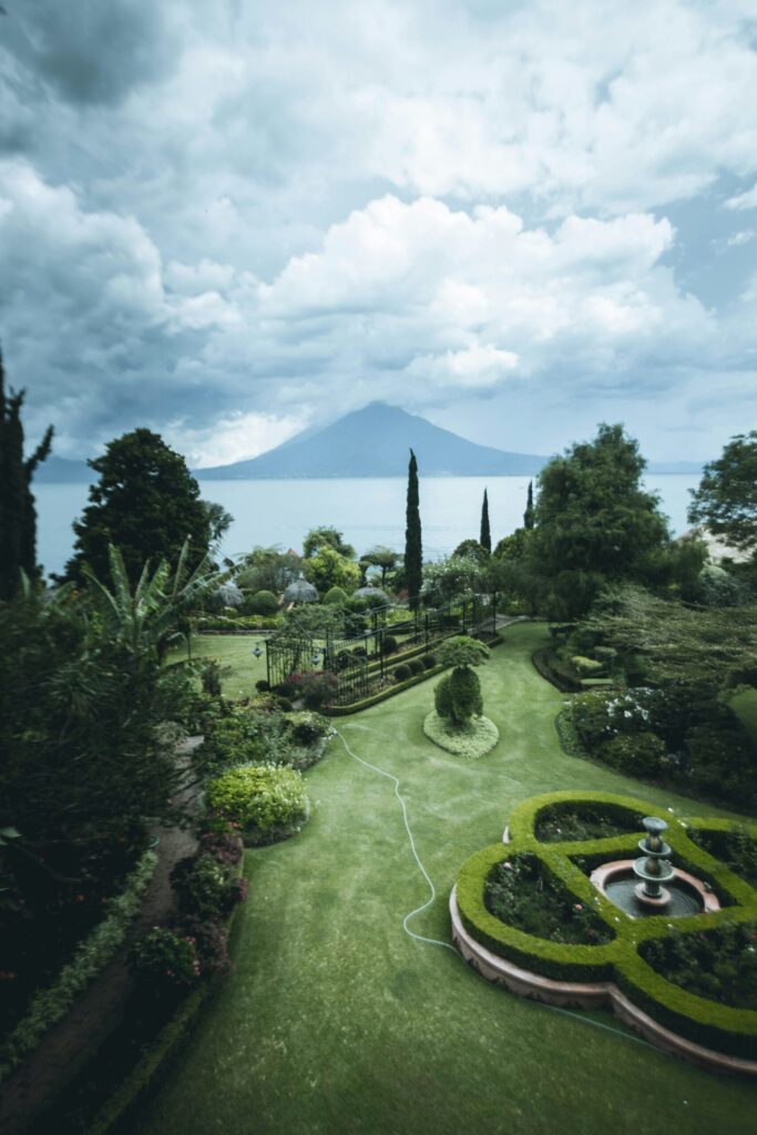A lawn with wide curved beds and a garden hose lying across the grass in a long curve